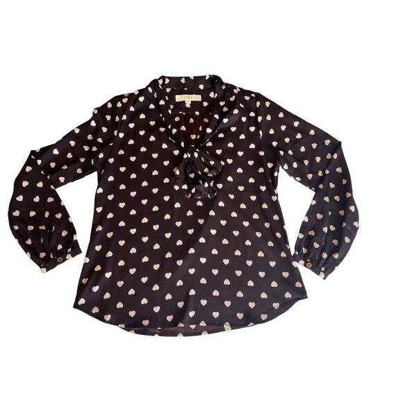 Ann Taylor Loft Women's Black Blouse with Hearts, Tie Neck, Petite Small, Office - Picture 2 of 10